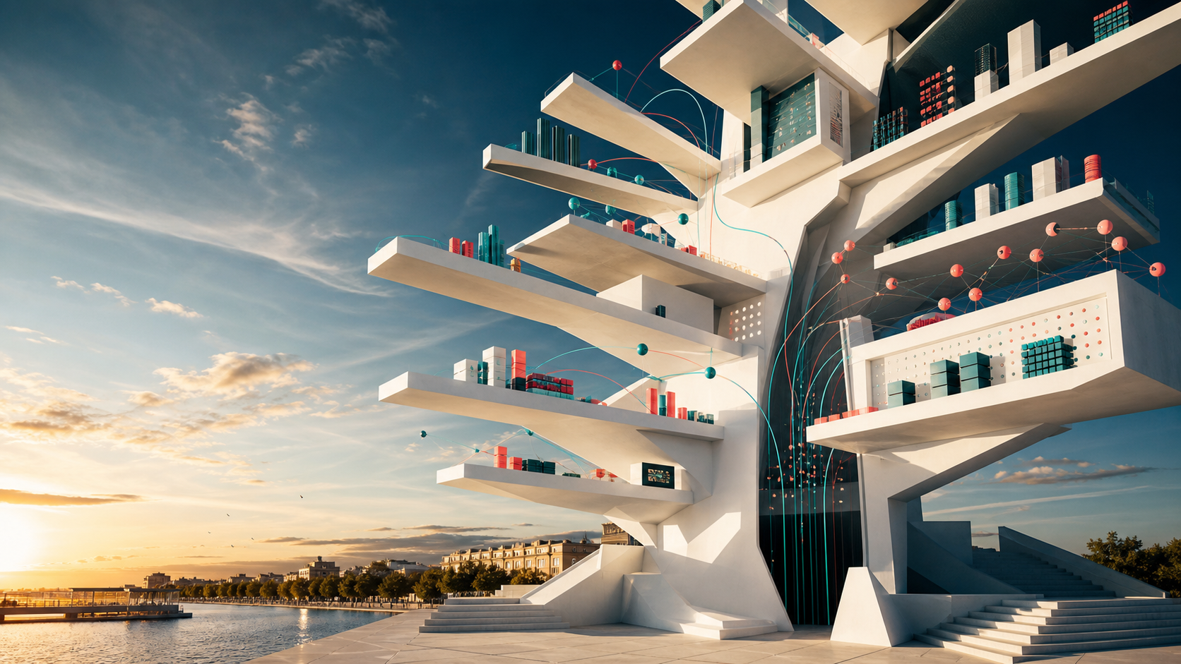 Architecture numérique blanche et dynamique évoquant les réseaux et la transformation des entreprises en Occitanie